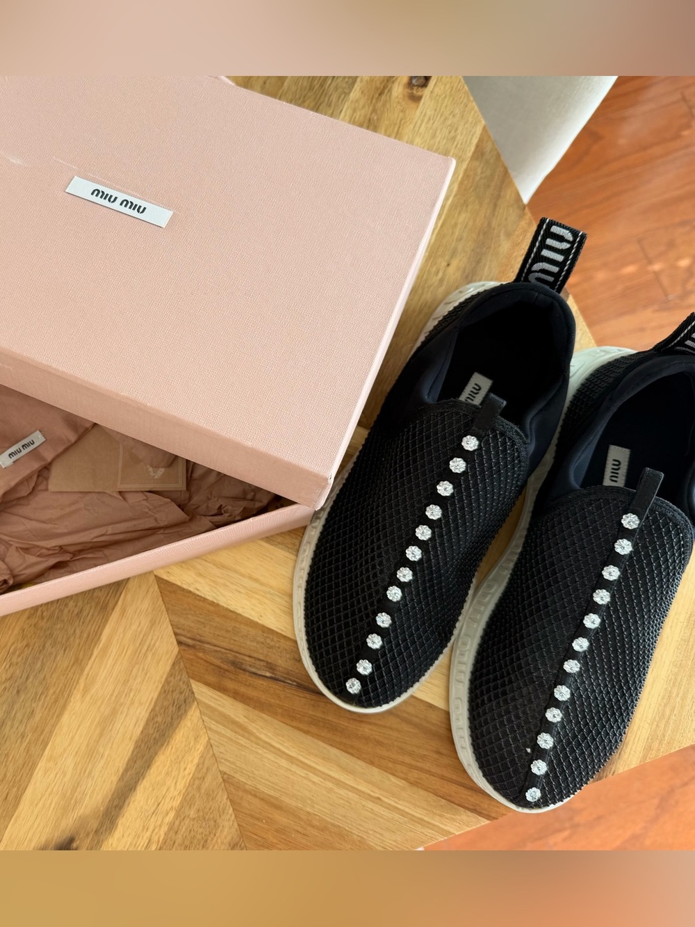 Miu Miu Black Crystal-Trim Slip-On Sneakers